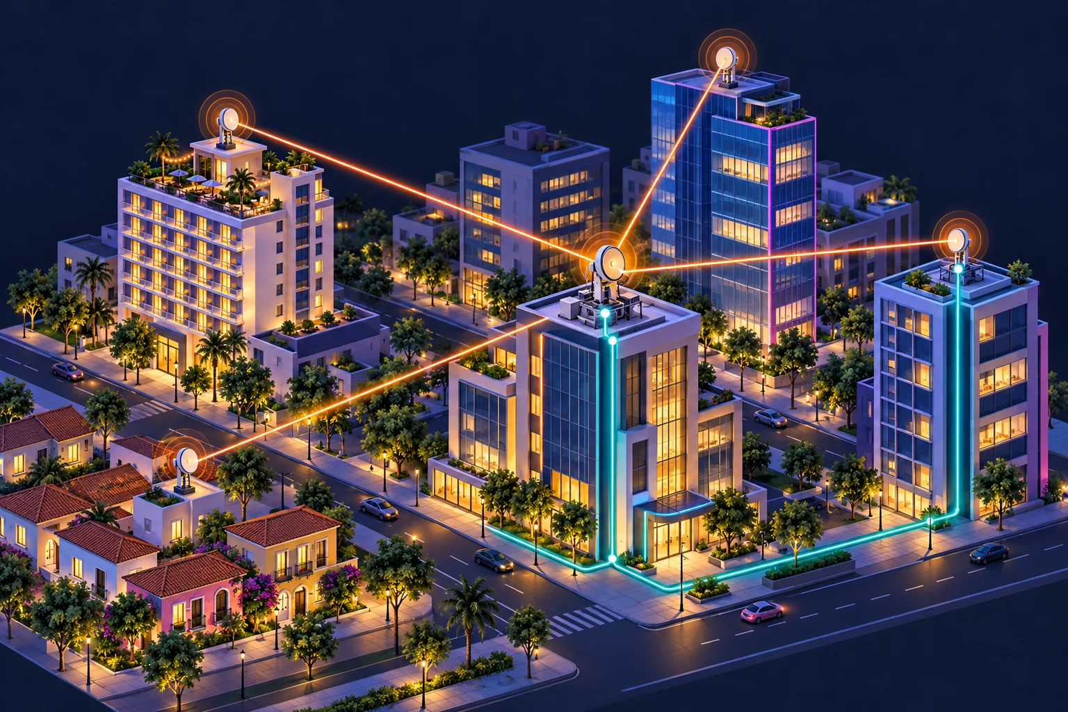 Ilustración de la red YOU: fibra en la base de la ciudad y enlaces inalámbricos desde antenas en edificios hacia hogares, empresas y hoteles.